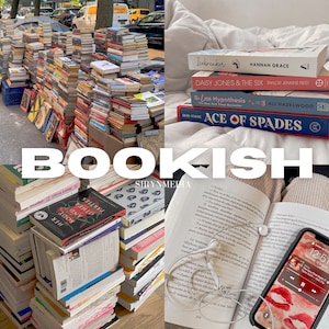 Puede incluir: Un collage de imágenes con pilas de libros, un libro con el título "Ace of Spades" y una persona leyendo un libro con auriculares. El texto "BOOKISH" está superpuesto a la imagen.