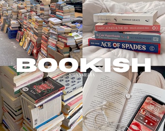 May include: A collage of images featuring stacks of books, a book with the title "Ace of Spades" and a person reading a book with headphones on. The text "BOOKISH" is superimposed on the image.