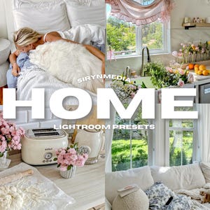 May include: A collage of images showcasing a home interior design aesthetic. The images feature a bedroom with a white bed, a kitchen with a sink and white cabinets, a living room with a white sofa, and a table with a toaster, flowers, and a rolling pin. The text "HOME" and "LIGHTROOM PRESETS" is displayed in white letters on a white background.