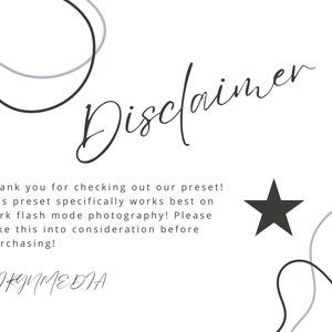 Pode incluir: Um fundo branco com linhas abstratas pretas e cinzas e uma estrela preta. O texto "Disclaimer" est&aacute; escrito em caligrafia preta. O texto diz: "Obrigado por conferir nosso preset! Este preset funciona especificamente melhor em fotografia de modo flash escuro! Por favor, leve isso em considera&ccedil;&atilde;o antes de comprar!" O texto "SHYMMEDIA" est&aacute; escrito em caligrafia preta.