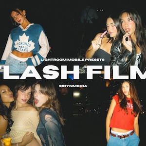 May include: A group of friends pose for a photo in front of a city skyline at night. The image is styled with a vintage film look. The text "FLASH FILM" is displayed in the centre of the image with the text "LIGHTROOM MOBILE PRESETS" above it and "SIRYNMEDIA" below it.