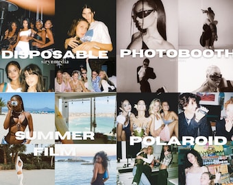 Op de afbeelding: Een collage van afbeeldingen met mensen die genieten van zomeractiviteiten, met de tekst "DISPOSABLE PHOTOBOOTH SUMMER FILM POLAROID" in een retro lettertype.