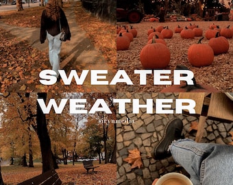 Op de afbeelding: Een collage van herfstbeelden met een persoon die over een pad loopt dat is omzoomd met herfstbladeren, een close-up van een kopje koffie, iemands voeten in jeans en zwarte laarzen en een veld met pompoenen. De tekst "SWEATER WEATHER" is over de afbeeldingen gelegd.
