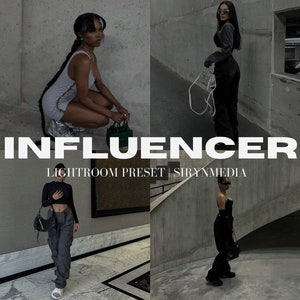 May include: Three women wearing different outfits pose in a modern building with concrete walls and floors. The text "INFLUENCER" is displayed in bold white letters with the text "LIGHTROOM PRESET | SIRYNMEDIA" below it.