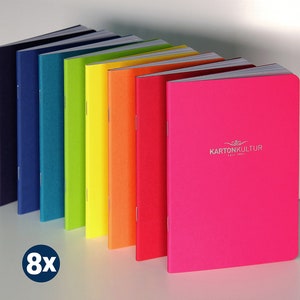 8 x Cuadernos DINA6, cuaderno de escritura, 8 colores, colorido, arcoíris, cultura de cartón, alta calidad, respetuoso con el medio ambiente, papelería, papelería, reciclable