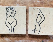 Handmade, hand painted ceramic coasters - x2