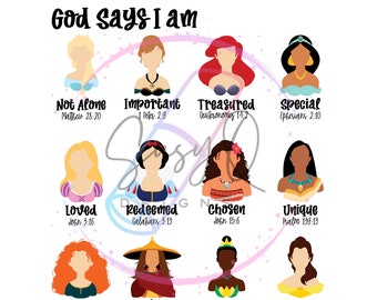 Può includere: Un design grafico colorato con principesse Disney con citazioni ispiratrici e versetti biblici. Il testo dice "Dio dice che sono" e include versetti come "Non sono solo, Matteo 28:20", "Importante, 1 Pietro 2:9", "Prezioso, Deuteronomio 14:2", "Amato, Giovanni 3:16", "Redento, Galati 3:13", "Scelto, Giovanni 15:6", "Unico, Salmo 139:13", "Forte, Isaia 40:31", "Perdonato, 1 Giovanni 1:9", "Potenziato, Filippesi 4:13", "Prezioso, Isaia 43:4" e "Speciale, Efesini 2:10".