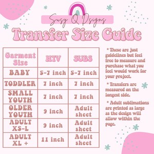 Op de afbeelding: Een roze en witte tabel met de titel "Transfergrootte-gids". De tabel geeft verschillende kledingmaten weer, zoals baby, peuter, jeugd en volwassene, en de bijbehorende aanbevolen maten voor transferfolie (HTV) en sublimatie in inches. De tabel bevat ook opmerkingen over het meten van transfers en de maten van sublimatieprints voor volwassenen.