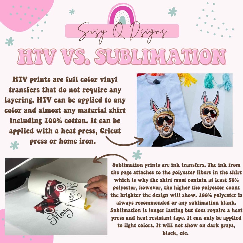 May include: A graphic comparing heat transfer vinyl (HTV) and sublimation printing methods for customizing shirts. The image shows a white shirt with a cartoon bunny design printed using HTV and a white shirt with a cartoon bunny design printed using sublimation. The text explains the differences between the two methods, including the types of fabric required, the application process, and the resulting print quality.