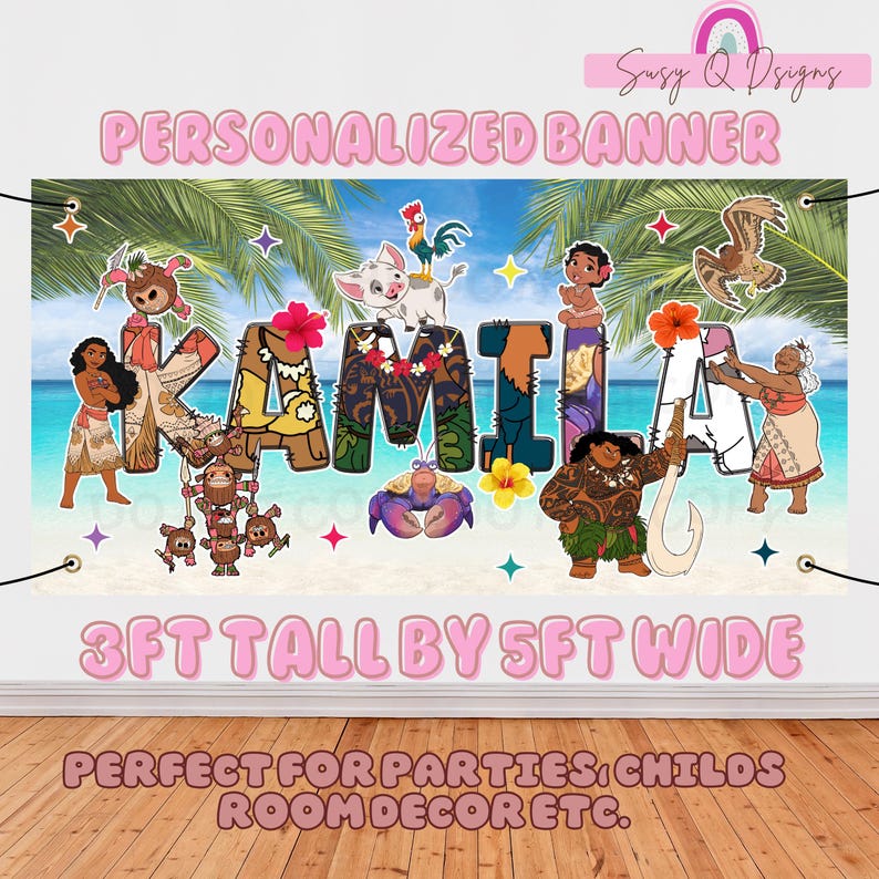 May include: Personalized banner with the name "Kamila" in colorful letters, featuring characters from the animated film Moana. The banner is 3 feet tall by 5 feet wide and is perfect for parties or as a room decoration.