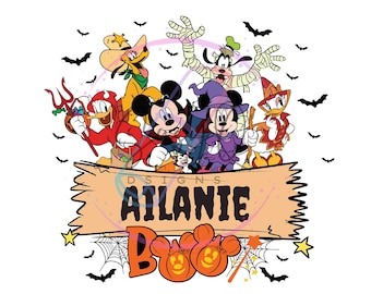 May include: A Halloween-themed iron-on transfer featuring Mickey Mouse, Minnie Mouse, Goofy, Donald Duck, and Pluto dressed in costumes. The transfer also includes a banner with the text "Ailanie Boo" and a spiderweb design.