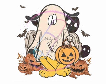 Könnte beinhalten: Ein Halloween-Grafik mit einem Cartoon-Hund in einem Geisterkostüm, der eine Kürbislaterne hält. Das Design umfasst Kürbisse, Fledermäuse und einen Grabstein. Der Text "Ready To Press Transfers" befindet sich unten.