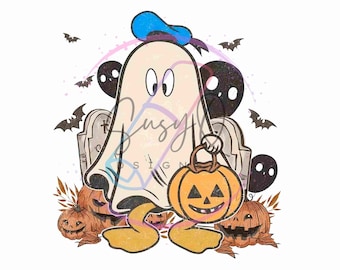 Könnte beinhalten: Ein Halloween-Grafik mit einem Cartoon-Geist, der einen blauen Hut trägt und einen orangefarbenen Kürbis-Laterne hält. Das Design umfasst Fledermäuse, Grabsteine und Kürbisse. Der Text "Ready To Press Transfers" befindet sich unten.