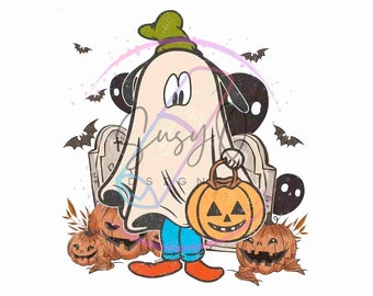Könnte beinhalten: Ein Halloween-Grafik mit einem Cartoon-Geist, der einen grünen Hut trägt und einen Kürbis-Laterne hält. Der Geist steht vor einem Grabstein und Kürbissen. Der Text "Ready To Press Transfers" befindet sich unten.