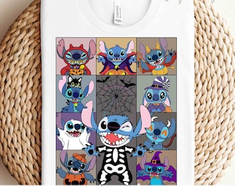 Könnte beinhalten: Weißes T-Shirt mit einem Raster von Stitch-Charakteren in Halloween-Kostümen. Das Design zeigt Stitch als Teufel, Vampir und Skelett. Die Worte "READY TO PRESS TRANSFERS" sind unten aufgedruckt.