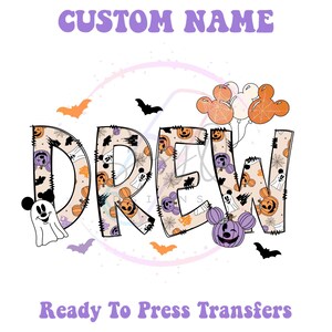 May include: A Halloween-themed iron-on transfer featuring the name "DREW" in a patchwork style with Mickey Mouse, pumpkins, and ghosts. The transfer is ready to press onto fabric.