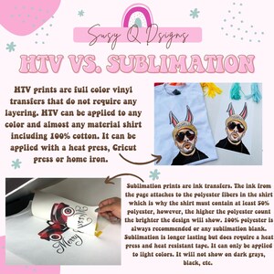 Puede incluir: Un gr&aacute;fico que compara los m&eacute;todos de vinilo de transferencia t&eacute;rmica (HTV) y sublimaci&oacute;n para personalizar camisetas. La imagen muestra un dise&ntilde;o de cami&oacute;n rojo impreso en una camiseta blanca usando HTV y un dise&ntilde;o de conejo de dibujos animados impreso en una camiseta azul claro usando sublimaci&oacute;n. El texto explica las diferencias entre los dos m&eacute;todos.