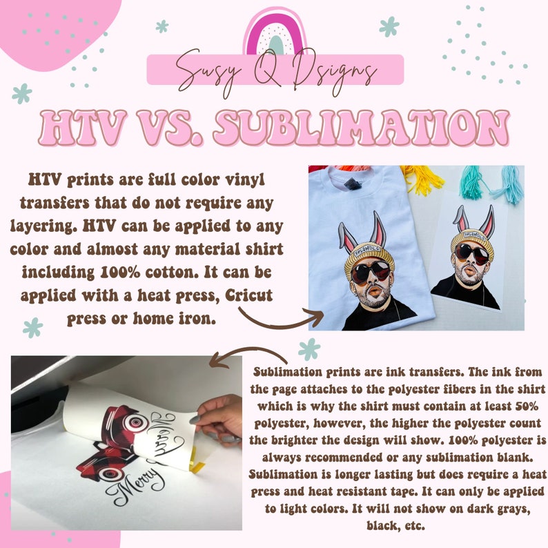 Puede incluir: Un gr&aacute;fico que compara los m&eacute;todos de vinilo de transferencia t&eacute;rmica (HTV) y sublimaci&oacute;n para personalizar camisetas. La imagen muestra un dise&ntilde;o de cami&oacute;n rojo impreso en una camiseta blanca usando HTV y un dise&ntilde;o de conejo de dibujos animados impreso en una camiseta azul claro usando sublimaci&oacute;n. El texto explica las diferencias entre los dos m&eacute;todos.