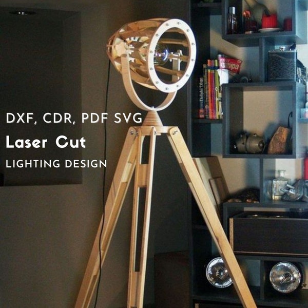 Adjustable Tripod Floor Lamp, Searchlight Light Lamp. Wood floor Lamp, Instant Download, Vector plans, Digital file, Laser cut files