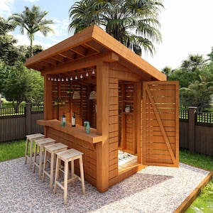 Patio bar plans,Tiki bar plans DIY Outdoor wooden bar plans, Build garden bar project,outdoor bar plans featuring wall roof, storage shelves