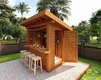 Patio bar plans,Tiki bar plans DIY Outdoor wooden bar plans, Build garden bar project,outdoor bar plans featuring wall roof, storage shelves