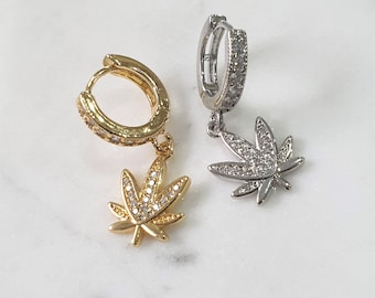 Gold/Silver Maple Leaf Hoop Earrings, Clear Cubic Zirconia Hoops