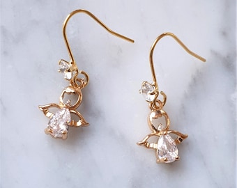 エンジェル イヤリング、ゴールド エンジェル キュービックジルコニア イヤリング、ゴールド エンジェル イヤリング、エンジェル クリスマス ギフト
