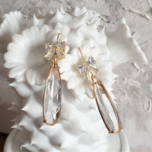 Clear Crystal Teardrop Earrings, Gold CZ Bow Dangle & Drop Earrings, Faceted CZ Teardrop Earrings