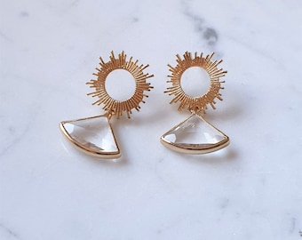 Art Deco Earrings, Faceted Fan Diamond Clear Drop Earrings 1920's Gatsby Earrings