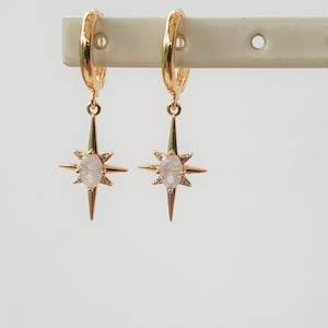 CELESTINA Huggie Hoop Earrings Dangling Stars Gold Moonstone Star, Celestial Jewellery Star