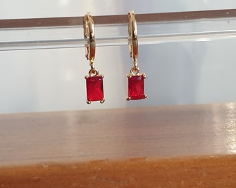 Gold Plated Huggie Hoop Earrings, Ruby Red Faceted Rectangle Pendant