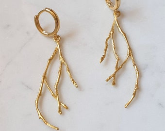 Gold Leaf Earrings, Branch Hoop Earrings, Leaves Hoogie Hoop Earrings