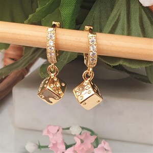 Gold Dice Die Hoop Earrings, Clear CZ Hoop Earrings