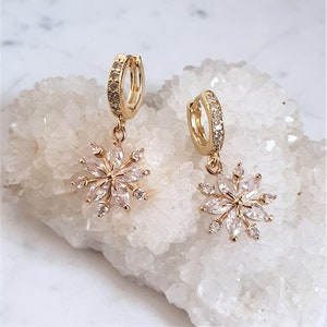 Snowflake Huggie Hoop Earrings, Cubic Zirconia Ice Flower Earrings