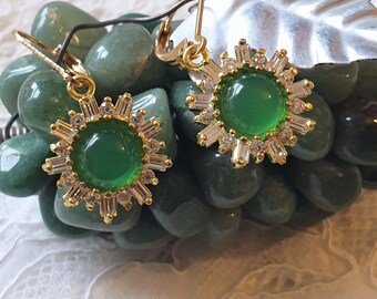 Green Jade Gemstone Earrings, Baguette Clear Cz Gemstone Flower Earrings