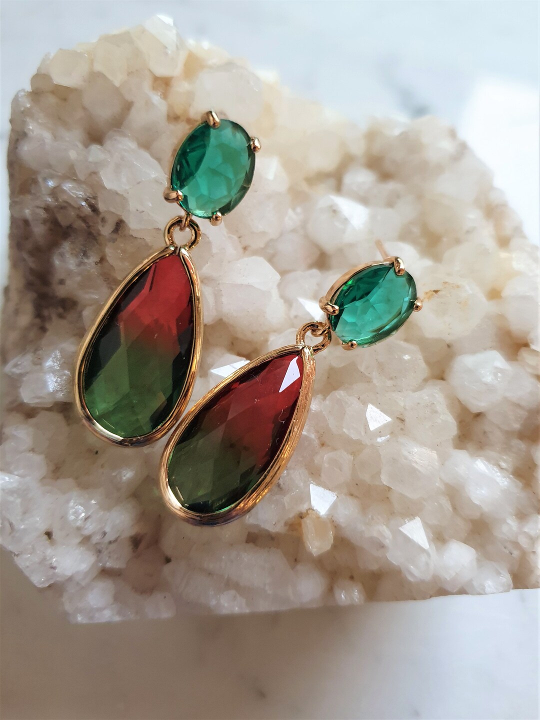 Emerald Green Stud Earrings Watermelon Teardrop Earrings, Ombre Faceted