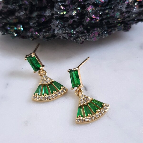 Art Deco Earrings, Emerald Green Stud Drop Earrings, Baguette Fan Gold Earrings, Gatsby 20's Earrings