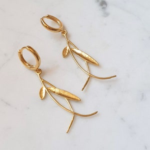 Gold Twig Earrings, Branch Hoop Earrings, Leaf Hoogie Hoop Earrings