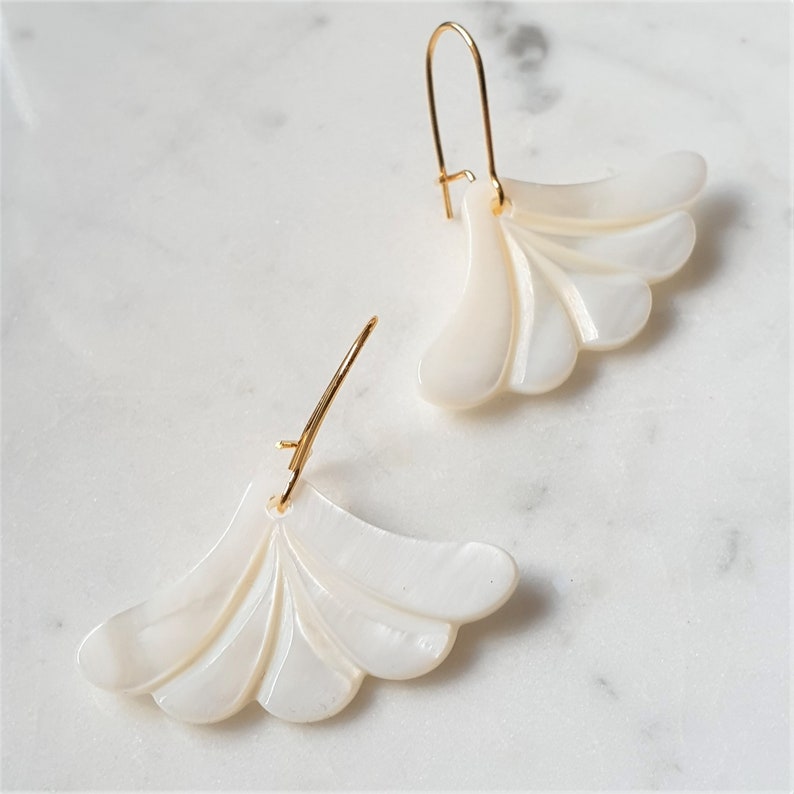 MOP Fan Earrings, Art Deco Earrings, Wedding Pearl Earrings, Carved Fan White Earrings image 1