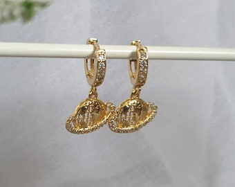 Earth Planet Gold Hoop Earrings, Detailed Globe Earth CZ Earrings