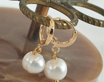 White Pearl Drop Earrings Pearl Hoop Earring, Fresh Water Pearl Hoop Earrings, Irregular Pearl Earrings, Wedding Earrings for Brides