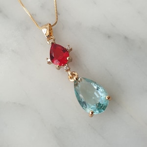 Howl&#39;s Moving Castle Necklace, Hauru Chain Necklace, Anime Cosplay Necklace, Faceted Blue & Clear Red CZ, Anime Jewellery