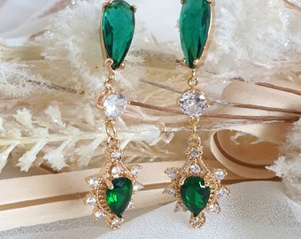 Teardrop Earrings, Art Deco Emerald Earrings, Flower Drop Earrings 1920's Gatsby Earrings, Statement Earrings