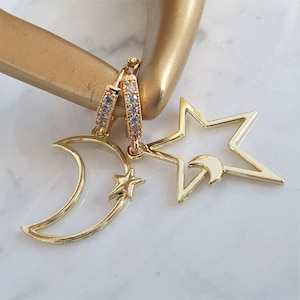 Moon and Star Hoop Earrings, Moon Dangle & Drop Earrings, Gold Star Earrings, Cubic Zirconia Celestial Earrings