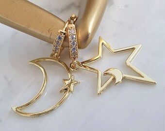 Moon and Star Hoop Earrings, Moon Dangle & Drop Earrings, Gold Star Earrings, Cubic Zirconia Celestial Earrings