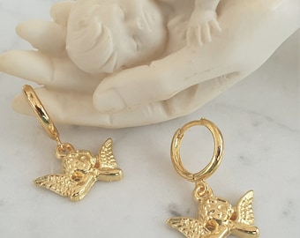 EROS Huggie Hoops, Angel Cherub Hoops, Gold Angel Huggie Hoops, Gold Eros Pendientes, Cupido Hoop Pendientes, Chunky hoops, Cherub Pendientes