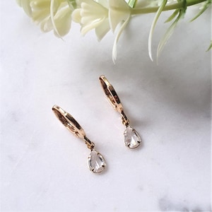 Dainty Huggie Hoops, Gold Plated Huggie Hoop Earrings, Open Bezel Pointed Crystal, Teardrop Pendant Hoops