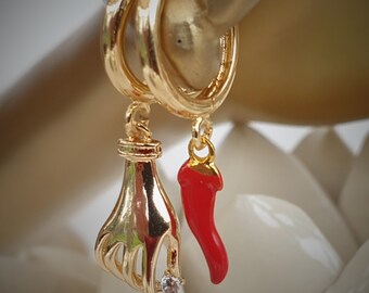Hoop Earrings Hand & Pepper Mismatched Earrings, Cz Hand Hoop Earrings, Red Pepper Gold Earrings