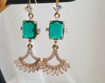 Art Deco Emerald Earrings, Baguette Fan Emerald Clear Drop Earrings 1920's Gatsby Earrings