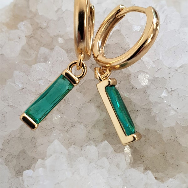 Emerald Green Baguette Earrings, Gold Plated Huggie Hoop Earrings, Green Rectangle Pendant